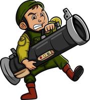 The angry soldier is shooting with the bazooka vector