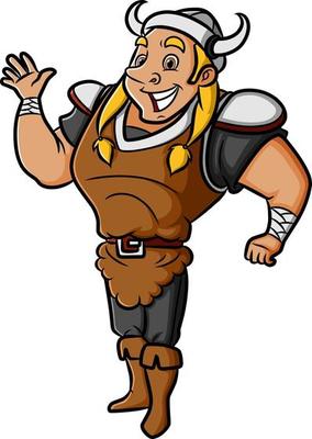 The young viking man is greeting and waving hand