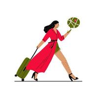female traveler with suitcase and map on thee phone. vector flat hand drawn illustration