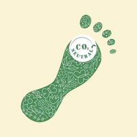 Carbon footprint lable. Eco fiendly flat vector llustration. CO2 neutral green footprint with flowers and leves . Zero or free carbon emissions.