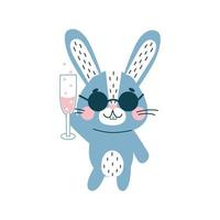 Rabbit in sunglasses with champagne. Cute vetor flat animal character, isolated on white background. vector