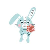 Rabbit with flowers. Cute vetor flat animal character, isolated on white background.