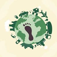 Carbon footprint CO2. Dangerous dioxide effect on planet ecosystem and sustainability. Carbon offset concept. Footprint on the earth flat vector illustration.