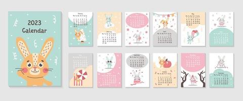 Diseño de calendario vertical 2023 con lindos conejos símbolo del año chino. 12 meses, la semana comienza el lunes. tamaño de plantilla de página a3, a4, a5. ilustración plana vectorial, ideal para niños, guardería, afiche, imprimible. vector