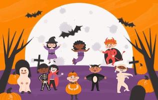 conjunto de fiesta de disfraces de halloween para niños. lindas niñas y niños de diferentes nacionalidades vector