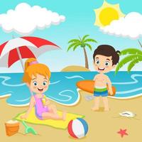 niños de dibujos animados en la playa tropical vector