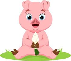 Cute baby pig cartoon holding white radish vector