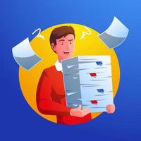 stressed man carrying piles of paperwork piled up vector