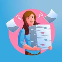 stressed woman carrying piles of paperwork piled up vector