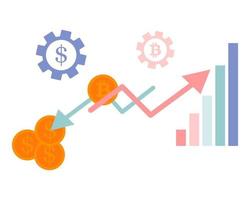 arrows of growth and fall of the graph, pillars of the graph and coins. The concept of the financial crisis. Vector isolated on a white background