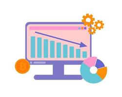 lugar de trabajo, monitor de computadora. tema tecnologías financieras, crisis financiera, gráfico de crecimiento y caída. ilustración vectorial vector