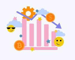 Chart of growth and decline. The concept of the economic crisis. The pink chart is floating in the clouds. Vector isolated on a white background