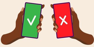 Check and cross mark on smartphone screen black hand vector