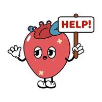 Sad suffering sick cute human heart organ asks for help character. Vector flat cartoon illustration icon design. Isolated on white backgound. Suffering unhealthy heart character concept