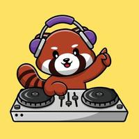 lindo panda rojo tocando música de dj con ilustración de icono de vector de dibujos animados de auriculares. concepto de icono de tecnología animal vector premium aislado.