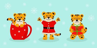 un conjunto de tigre de navidad, lindos símbolos de dibujos animados del año. ilustración vectorial, el concepto de navidad y año nuevo vector