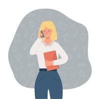 A business girl is talking on the phone and holding a folder with documents in her hands. Vector illustration of an office worker