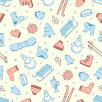 Seamless doodle pattern elements of Christmas and New Year elements Background of winter elements of active recreation and winter items. vector