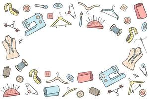 herramientas para coser y bordar. conjunto de iconos de fideos sastrería, ilustración vectorial agujas de hilo maniquí perchas de máquina de coser botones. vector