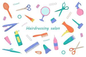 Hairdressing tool kit for beauty salon or home use. Vector illustration of doodle icons for self and hair care. Comb, razor, hair dryer, curling iron and other items