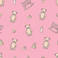 Seamless pattern teddy bear, cradle and rattles. Vector illustration background wallpaper concept of a newborn or small child