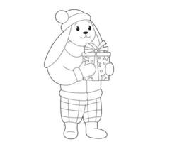 Cute bunny in winter clothes holding gift box. Design element or a page of children's coloring book