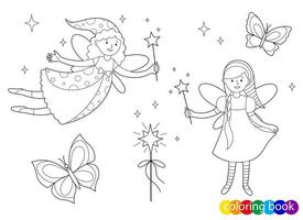 Fairy-tale fairies with magic wands for design element kids coloring book page vector