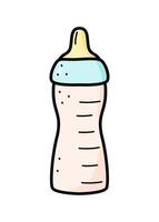 Baby cartoon bottle with a pacifier. Vector doodle illustration of a bottle for feeding a newborn.