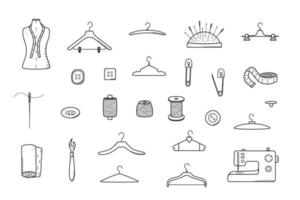 Tools for sewing and needlework. Doodle icon set tailoring, vector illustration thread needles mannequin sewing machine hangers buttons