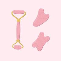 A set of trendy gua sha scrapers made of natural stone and roller massager for facial care. Vector illustration skin care concept