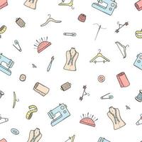 Seamless pattern tools for sewing and needlework. Doodle icon set tailoring, vector illustration