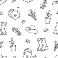 Seamless pattern concept of relaxing in the garden, summer hat rubber boots, seedlings, flowers and butterflies vector doodle illustrations.