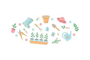 Garden tools and plants, a set of vector doodle illustrations. Concept gardening, a summer hobby