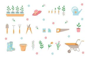 Garden tools and plants, a set of vector doodle illustrations. Concept gardening, a summer hobby