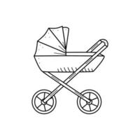 Baby stroller for walking cartoon doodle style. Vector illustration cradle newborn.