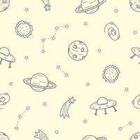 Cosmos doodle is a set of vector illustrations. Seamless pattern icons of space elements rocket cosmonaut stars satellite telescope comet