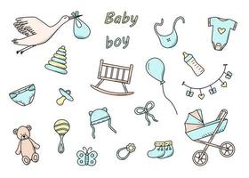 Newborn icons set for a baby boy. Vector illustration of elements for a little baby. baby stroller, baby work, rattles and teddy bear and much more