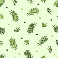 Seamless pattern of olive tree twigs and leaves and olive berries. Vector illustration, background or wallpaper