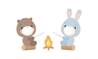 Cute teddy bear and rabbit roast marshmallows on a bonfire. Cartoon style. Vector illustration. For card, posters, banners, books, printing on the pack, printing on clothes, textile or dishes.