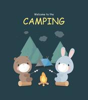 Camping poster with cute bear and rabbit roast marshmallows on a bonfire. Cartoon style. Vector illustration.