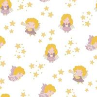 Seamless pattern with cute angels and stars. Design for fabric, textile, wallpaper, packaging. vector