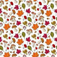 Autumn seamless pattern with mushrooms, acorns, chestnuts and leaves.