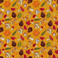 Autumnal seamless pattern with mushrooms, acorns, pine cones and leaves. vector