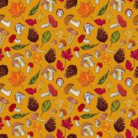 Autumnal seamless pattern with mushrooms, acorns, pine cones and leaves. vector