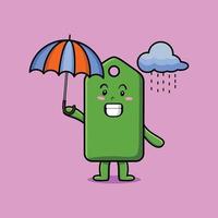 linda etiqueta de precio de dibujos animados bajo la lluvia y el paraguas vector