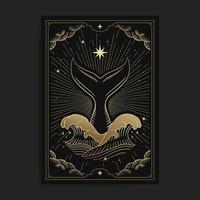 Whale tail in the ocean with star and big waves in golden engraving style vector