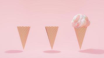 Pink ice cream cone on pink background. Minimal idea concept. photo