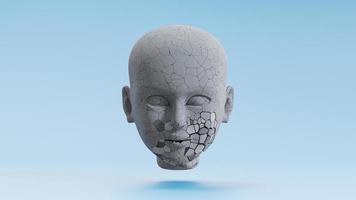 Human face made of cement have cracking appearance on blue background. photo