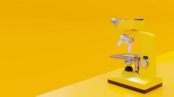 Yellow microscope in yellow lab. Space for banner and logo. Minimal and laboratory background concept. photo