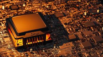 Microprocessor or cpu with high heat and an orange light shone from the side. space to enter banner and logo. photo